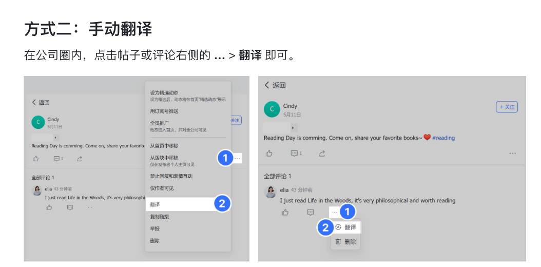 飞书公司圈帖子与评论手动翻译