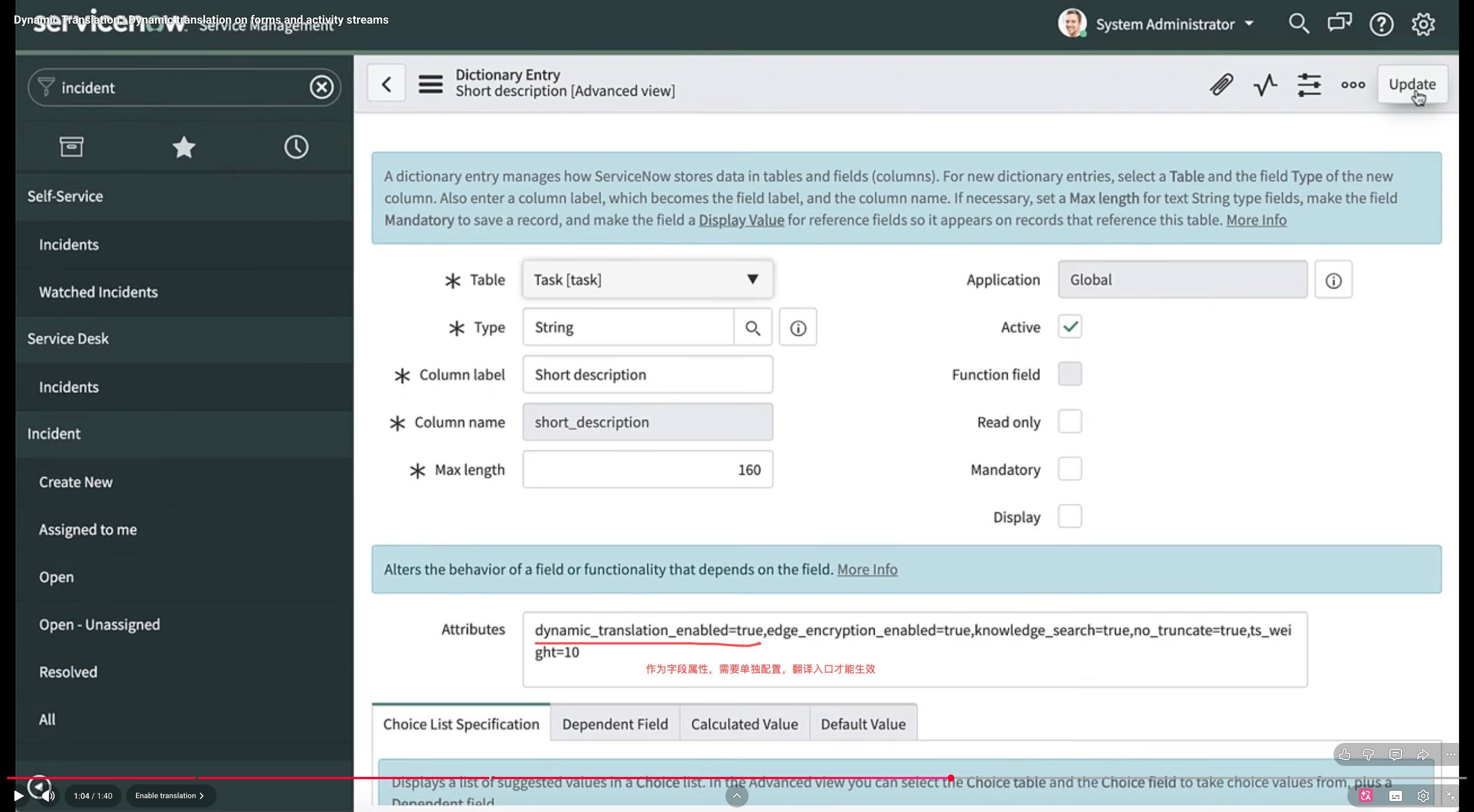 ServiceNow 字段启用动态翻译