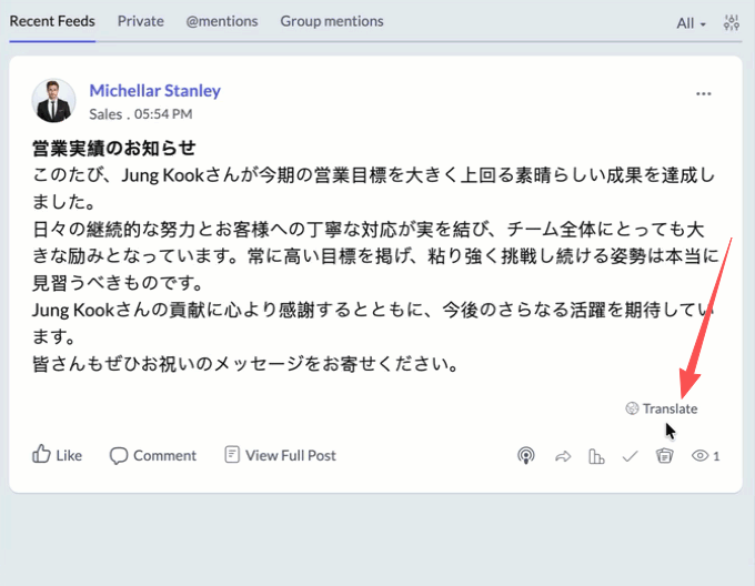 Zoho Connect Feed Post 翻译入口
